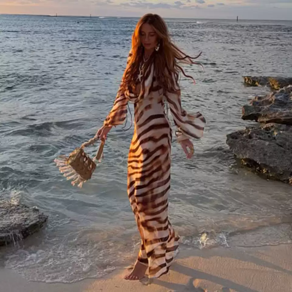 Watercolor Print Deep V Cowl Neck Dress