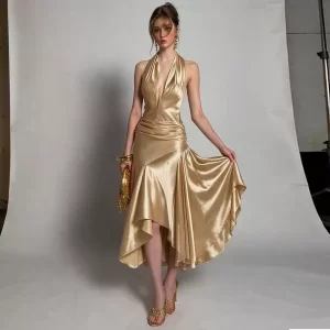 Deep V Ruched Asymmetric Dress