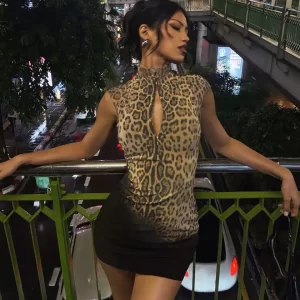 Leopard Print Deep V Cut-Out Dress