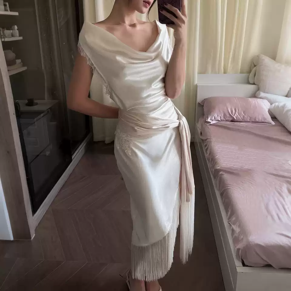 Cowl Neck Open Back Fringe Dress