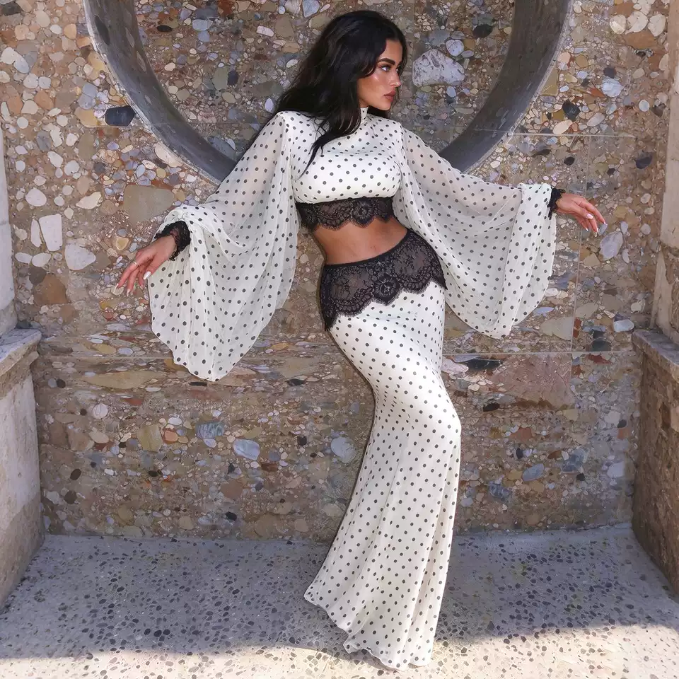 Polka Dot Long Sleeve Top and Contrast Lace Skirt