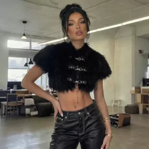 Buckle Detail Plush Trim Cropped Top